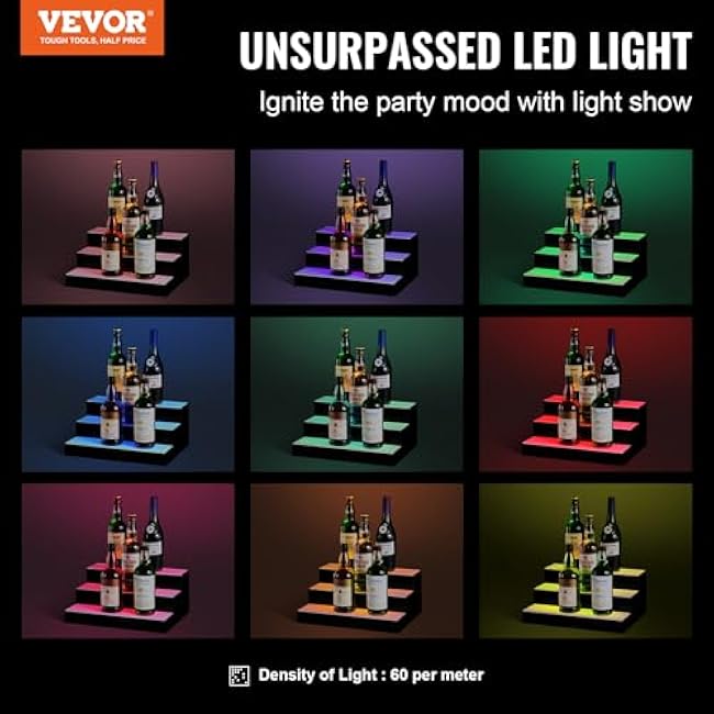 VEVOR LED Lighted Liquor Bottle Display, 3 Tiers 16 Inch Commercial Illuminated Home Bar Shelf, 3 Steps Whiskey Rack Stand, Acrylic Drink Shelves with RF Remote & App Control, and Multicolor Light
