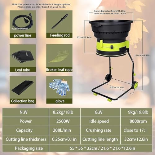 Trituradora de hojas de 2500W con tolva de 54cm y bolsa de residuos 3