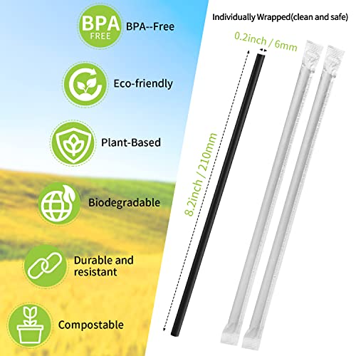 [100 Pcs] Biodegradable Compostable Individually Wrapped Straws - Pla Disposable Plant Based Black Straws (8.25" Longx0.23" Wide) #TOP2