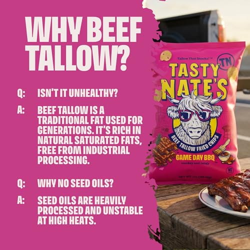 Image of Tasty Nate's Beef Tallow Potato Chips - Game Day BBQ Flavor Kettle Chips Fried in 100% Beef Tallow Seed Oil Free - Gluten Free Healthy Snacks Paleo Friendly 7oz Bag - Pack of 4