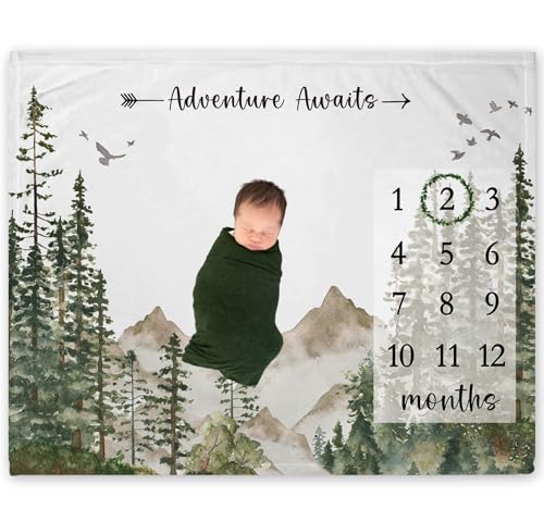 Image of Yuzioey Adventure Awaits Milestone Blanket, Forest Mountain Baby Growth Chart Monthly Blanket, Watch Me Grow Woodland Mountain Tree Baby Nursery Shower(50"x40")