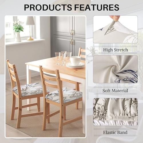 Image of SearchI Waterproof Seat Covers for Dining Chairs, 6 Pack Stretch Dining Room Chair Seat Covers, Kitchen Chair Seat Covers Protectors(Beige and Blue Flower)