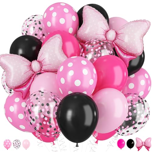 Image of Pink and Black Balloons with 2Pcs Pink Bow Balloons | 50 Pcs 12 Inch Hot Pink Black Balloons Set with Confetti Balloons for Girl Birthday Bachelorette Party Wedding Decorations
