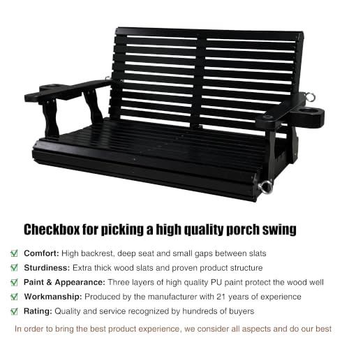 Image of Fortune Candy Wooden Porch Swing 2-Seater, Iron Black, 4 FT Extra Large