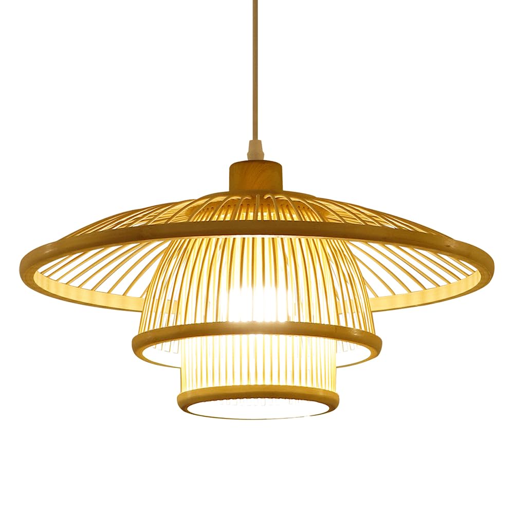 AYQJMD Bamboo Large Pendant Lighting 1-Light Pendant Light with Wicker Dome Shade Adjustable Height Dining Room Hanging Chandelier for Restaurant Cafe Teahouse Bar Dining Room Club Kitchen Island