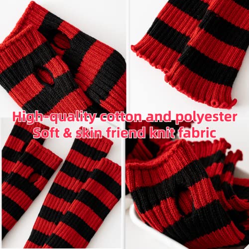 Womens Leg Socks Arm Sleeve Red-Black Stripe Knit Y2K Arm Warmers Gloves Leg Warmer Socks 80s Outfit for Women Party(2 Pairs)3