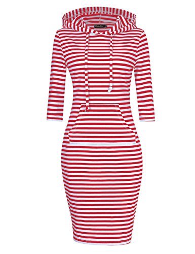 GloryStar Women's Casual Fitted long Sleeve Pullover Pocket Knee Length Sweatshirt Hoodie Dress