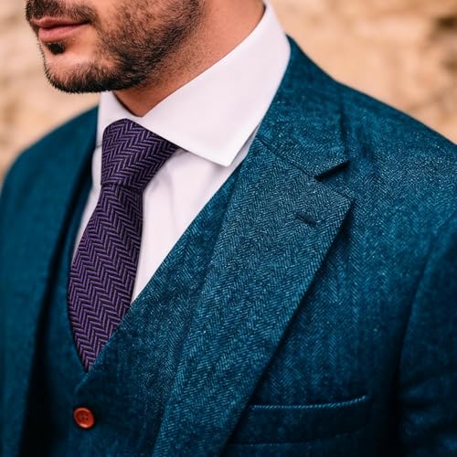 Image of Barry.Wang Skinny Ties for Men Wool Blend Herringbone Necktie with Tie Clip | Tie and Tie Clip Set, Cashmere Wool Stripe, 2.76 x 63 Inches, Extra Long Slim, Wedding Work Party Classic