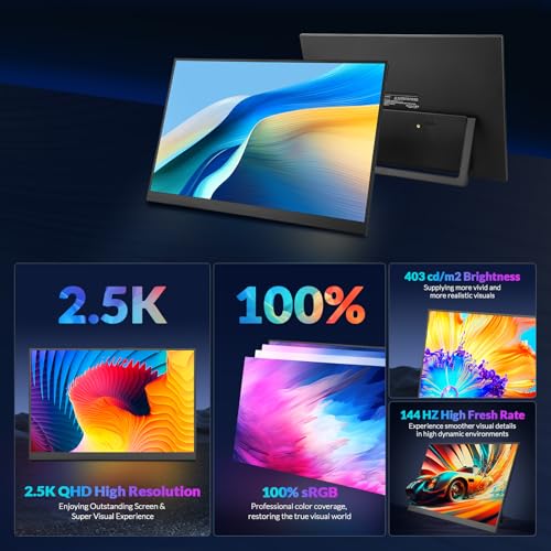 Image of Rii Portable Monitor, 16 Inch 144Hz QHD 2.5K 2560X1600 100% sRGB, Ultra-Slim Lightweight External Display with Speaker, USB-C HDMI Second Screen for Laptop MacBook Xbox Switch PS4 /5, VESA Mountable