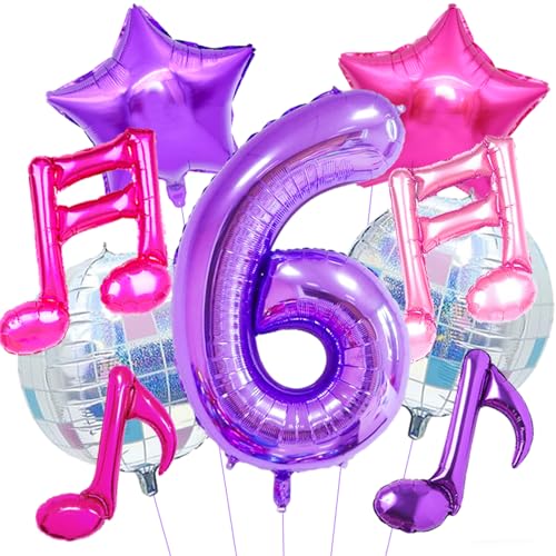 Kpop Birthday Decorations - Music Note Balloons Purple 40inch Number 6 Balloon Disco Ball Balloons for Kpop Music Party Decoration