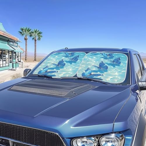 Image of Blue Butterfly Windshield Sun Shade Fodable Sun Visor Car Front Window Sunshade Protector Universal Vehicle Interior Accessories Fit for Most Cars, 28.5x25.5 inch, Pack of 2