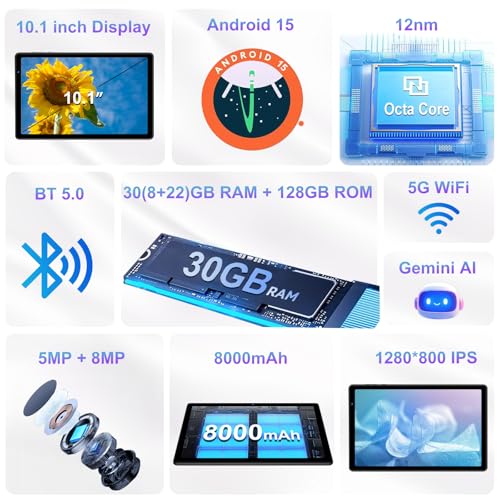 Image of 2026 Tablet 10 inch Android 15 Tablets 30GB+128GB+1TB Expand, 8000mAh Octa-Core Eletronic Tablet with Drop-proof Case, Gemini AI, HD IPS Display, GPS, 5G WIFI,Split-screen, Widevine L1 -Metal Blue