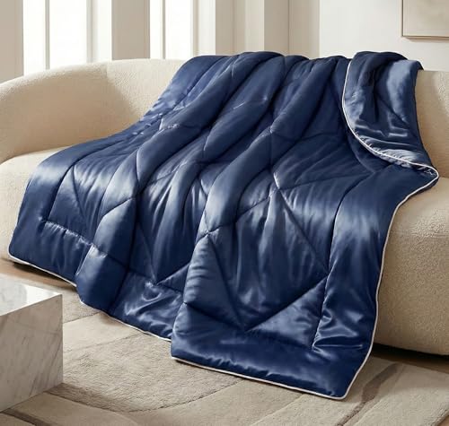 Image of SANMARINO 280 GSM Satin Silk AC Comforter for Single Bed (60 x 90 inches /152 x 228 cm), All Season Solid Reversible Blanket | Ultra Soft Lightweight Breathable Quilt, Glossy Finish - Royal Navy Blue