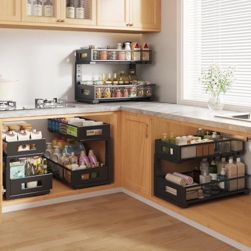 Image of 2 Packs 19IN Depth Under Sink Organizer, 2-Tier Pull Out Cabinet Organizer With Smooth Circular Rail, Large Capacity Metal Mesh Sliding Drawers For Bathroom& Kitchen Storage,Height Adjustable -Black