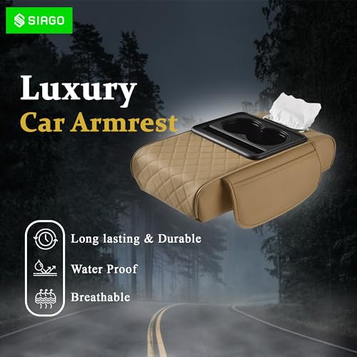 Image of SIAGO SIA399 Premium Car Armrest Cover | 5-in-1 Center Console Organizer with Cup Holder, Phone Slot, & Storage Bags | Anti-Slip PU Leather Cushion for Sedans & SUVs (Beige)