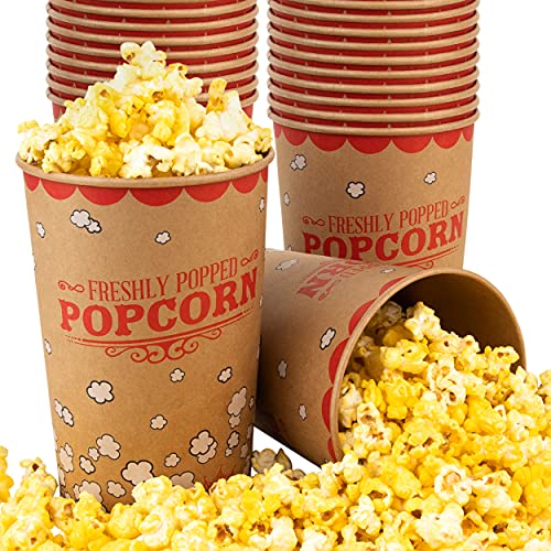 Image of Stock Your Home 64 Oz Kraft Popcorn Buckets (25 Pack) - Grease Resistant Retro Style Popcorn Container- Vintage Kraft & Red Popcorn Buckets for Take Out, Movie Night, Theaters, Fair, Concessions