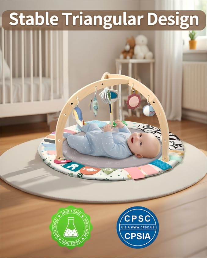 Baby Play Gym Mat with Tummy Time Activity for Newborn Girls and Boys, Non-Slip Floor Mat Includes 6 Detachable Toys for Sensory Development, Machine Washable, Essential Gift (Grey)