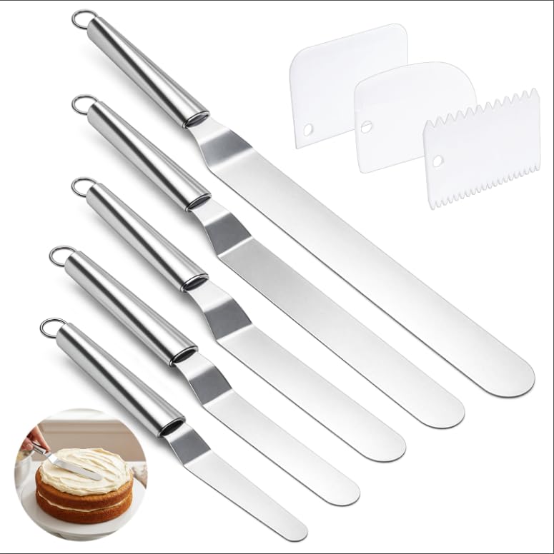 Hacaroa Set of 5 Angled Icing Spatula with 3 Cake Scraper, Offset Spatula with 4, 6, 8, 10, 12 Inch Blades Stainless Steel for Cake Frosting, Decorating, Baking, Ergonomic Handle, 5 Sizes