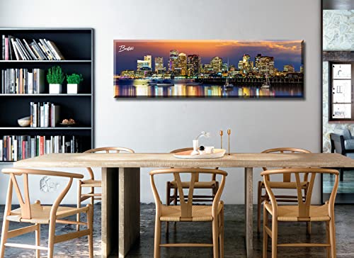 Image of DJSYLIFE Boston Skyline Wall Art Canvas Prints Colorful USA City Night Pictures Modern Panoramic Cityscape Posters Paintings for Bedroom Office Decor, Ready to Hang 13.8 inchx45.3 inch