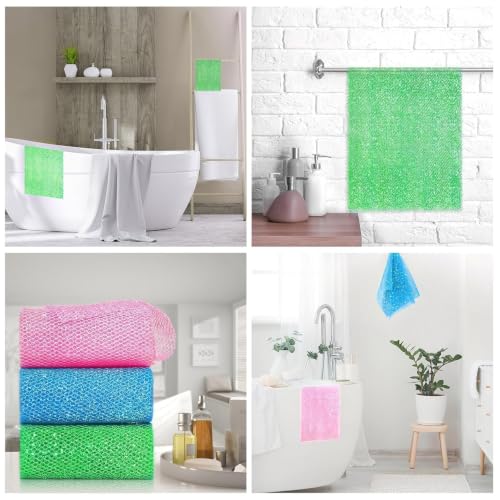 Image of UJFQBH 3 Piece Bright Style African exfoliating net Exfoliating Shower Set Long Bath Sponges for Smooth, Refreshed Skin, The Exterior Gleams - Ideal for Daily Use (Bright Pink, Blue, Green)