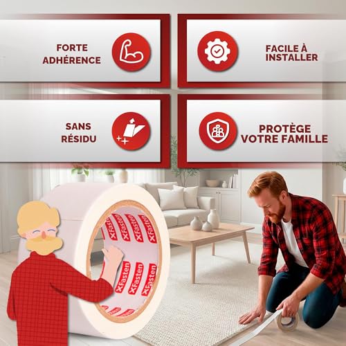 XFasten Ruban Adhésif Double Face pour Tapis – Antidérapant, Amovible, 5 cm x 9 m – Fixation Tapis sur Parquet, Moquette et Bois Dur, Sans Résidu – vue 3