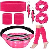 80s Costume Accessories Set for Women Holographic Fanny Pack Neon Pink Hair Scrunchies Dangle Earrings Workout Headband Leg Warmers Wristbands for 80's Party Outfits