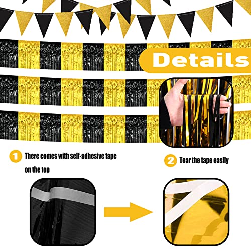 Image of 6 Pack 10 Feet Black Gold Foil Fringe Garland Metallic Tinsel Streamers Banner Wall Hanging Curtain Backdrop Banner for Parade Floats, Thanksgiving, Christmas, Birthday, Halloween Party Decorations