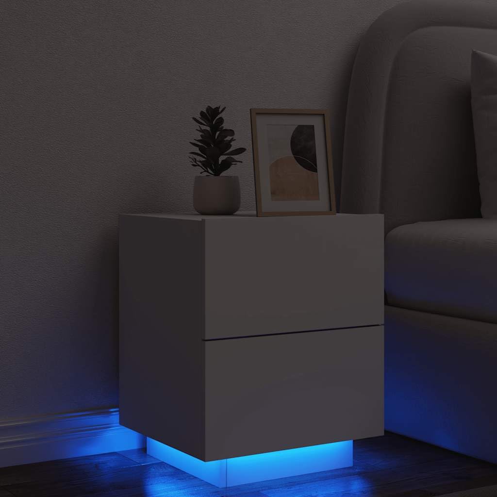 Mesita de noche LED auxiliar blanca de madera 45 x 40 x 55 cm con luz RGB y 2 cajones, moderno armario de noche para dormitorio, salón, pasillo