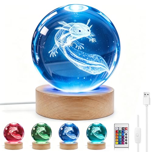 Ddlisu Axolotl Night Light 3.15 inch 3D K9 Crystal Ball Lamp 16 Colors Change Wooden Base Axolotl Lamp with Remote Control Birthday Holiday Gifts for Boys Girls Friends
