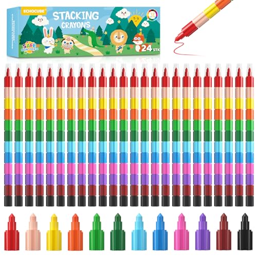ECHOCUBE 24 Ceras de Colores para Niños, Crayones Apilables de Colores Arcoiris, Lápices de Colores para Dibujo en la escuela,Juego de Ceras Colorear para regalitos infantil fiesta cumpleaños