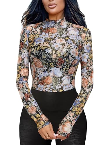 BemorRun Floral Mesh Long Sleeve Tops for Women Mock...