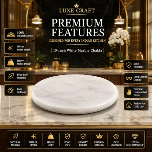 Image of Luxe Craft White Marble Chakla 10 Inch | Roti Chapati & Papad Rolling Board | Smooth Finish Stone Chakla | Heavy Duty Non Slip Dough Rolling Board for Kitchen Use