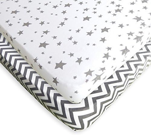 Pack N Play Fitted Sheet Set - 2 Pack - 100% Soft Jersey Cotton Pack N Play Sheets for Mini and Portable Crib - Stylish Gray Chevron/Stars Print - Perfect Playard Sheets for Baby Girl or Baby Boy
