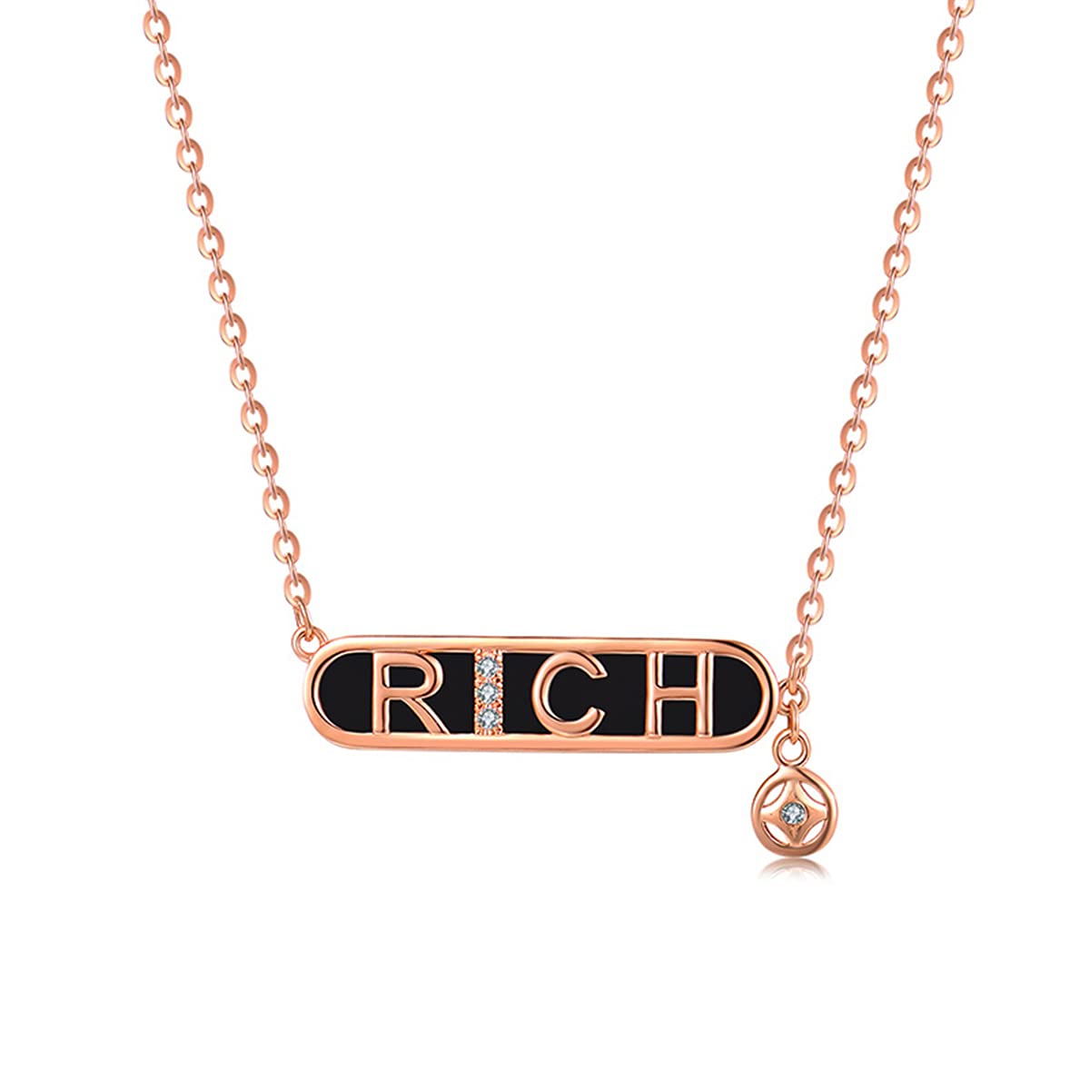MozumeRICH Letter Pendant Necklace for Women, Black Agate Bar Necklace, Rose Gold Plated 925 Sterling Silver, Hip Hop Alphabet Jewelry Gifts