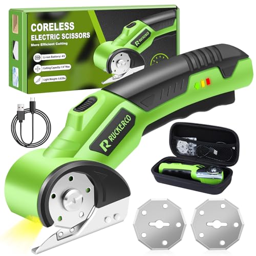 Cordless Electric Scissors Box Cutter 2 Rotary Blades – 4V Duty Rechargeable Cardboard Cutter, Storage Box & Fabric Scissor With Safety Lock, USB Cable – For Plastic, Carpet, Leather, DIY Crafts