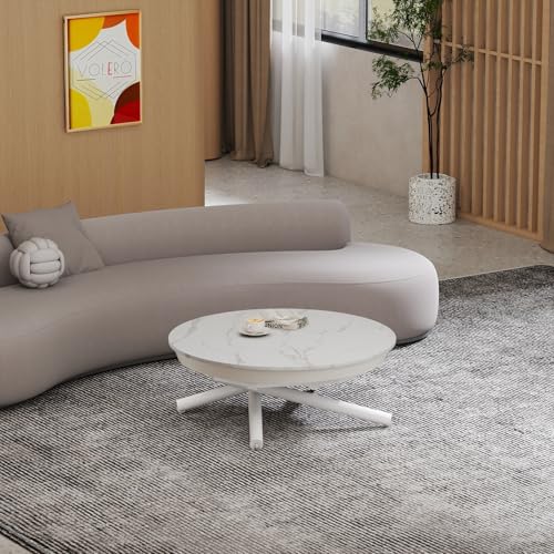 VOLERO', Table Transformable à Gain de Place Ronde, modèle Zeus, mécanisme Montants avec réglage millimétrique de la Hauteur (Blanc veiné)