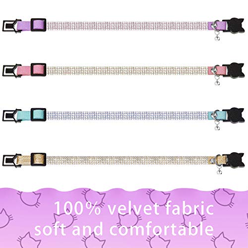Weewooday 4 Pieces Rhinestones Cat Collars Breakaway Cat Collar With Bell Bling Pet Collars With Soft Velvet, 4 Colors (Purple, Blue, Gold, Pink,S) #TOP3