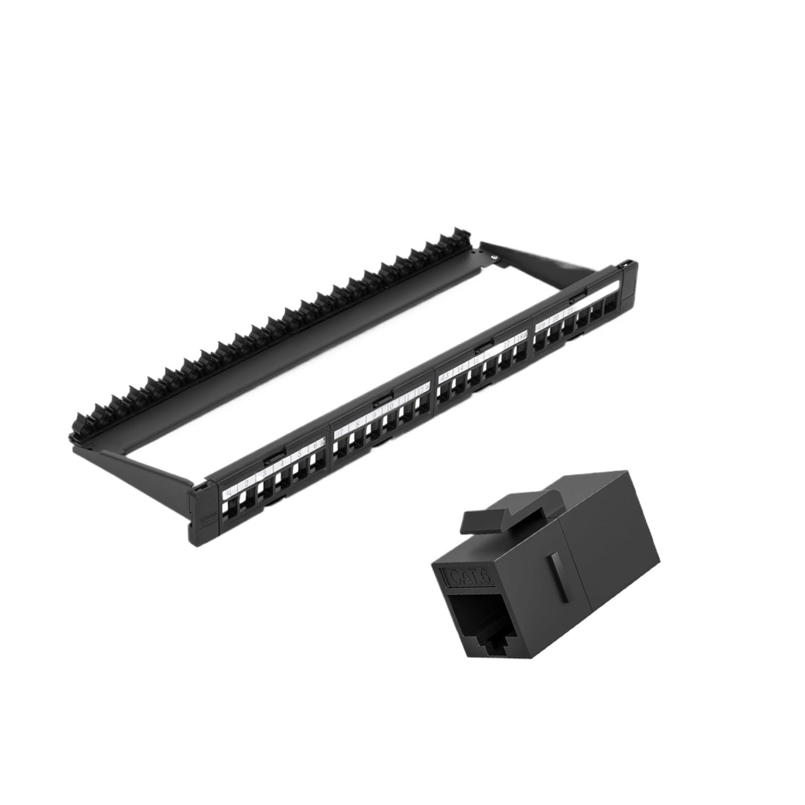 Pannello patch Cat6 Cat5e UTP a 24 porte con plug-in staccabile, pannello patch di rete da 19 pollici/1U utilizza solo sottile(Black Cat6 Coupler)