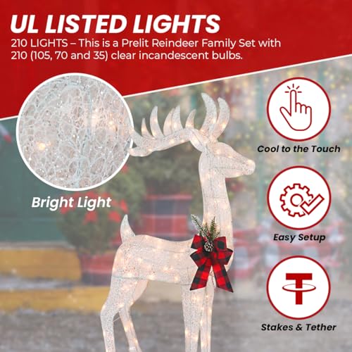 3-Piece White Fabric Reindeer Family - Lighted Deer Set - 210 Lights 52" Buck 44" Doe 28" Fawn - Large Deer Family for Indoor or Outdoor Christmas Decorations Yard Art