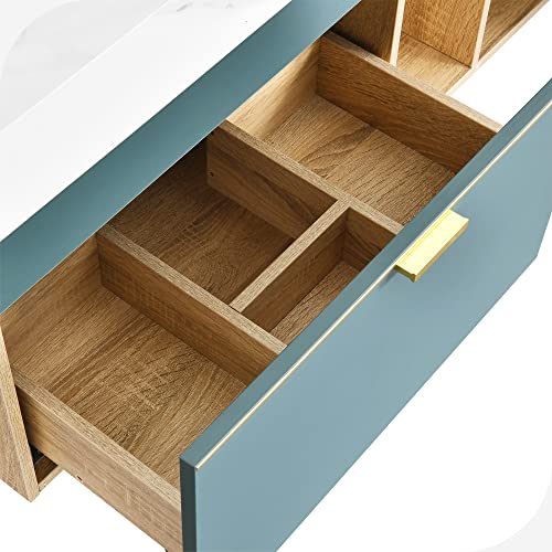 Hernest 40 Inch Floating Vanity Bathroom With Marble Tabletop, Wall Mounted Bathroom Vanity With Glossy Ceramic Basin Sink And Wooden Storage Drawer For Washroom, Wooden Bathroom Storage #TOP7