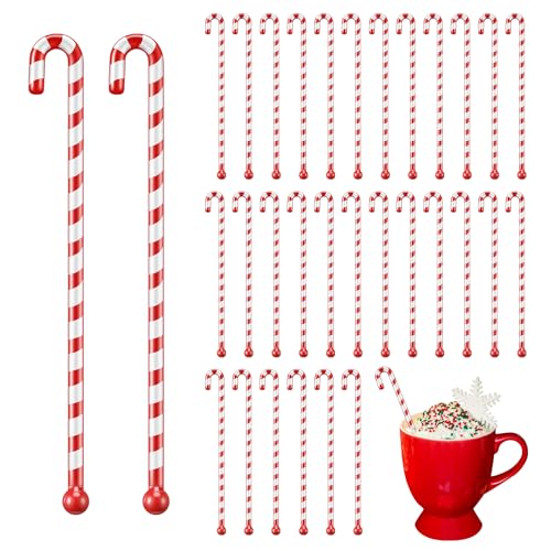SiliFine 30 Pcs Winter Drink Stirrers Xmas Stir Stick Holiday Coffee Swizzle Stick Reusable Plastic Hot Cocoa Bar Chocolate Decoration Cocktail Mixer(Candy Cane Red and White)