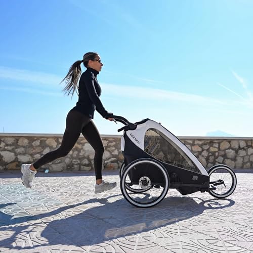 Miniatura 5 de Deryan 2 En 1 Remolque De Bicicleta Y Jogger Para 2 Niños, Carrito Infantil Multifuncional, Plegable, Suspensión, Barra De Empuje Ajustable, Cinturones De Seguridad, Reflectores, Gran Espacio, Crema