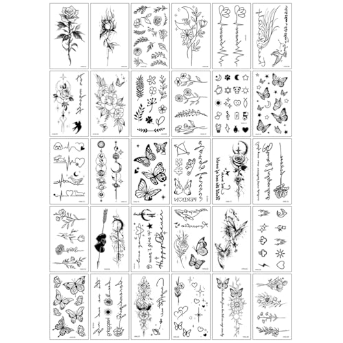 30 adesivi impermeabili neri con ragazze femminili, ragazzi mascolini, eleganti disegni floreali, farfalle e schizzi di testo: adesivi temporanei per tatuaggi realistici e duraturi sul.