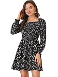 La modelo lleva la talla XS. Allegra K Vestido Floral De Manga Larga con Cuello Cuadrado Y Fruncido para Mujer Negro S