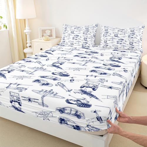 Airplane Kids Fitted Sheet Twin Size,American Aircraft Tank Toddler Bedding Set,Girls Boys Adults Room Decor,Racing Car Hand-Painted Sketch Bed Cover,Blue White Bed Sheet,1 Pillowcase