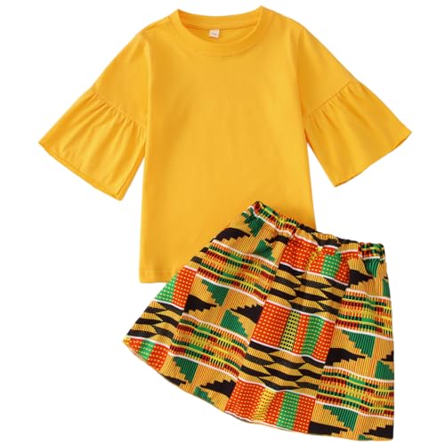 KEKEMI Kid Toddler Girls African Outfit Dashiki Ankara Shirt Black History Month Print Skirt Set Boho Summer Party Clothes(Yellow 5T)