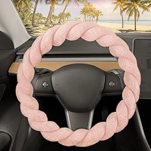 Twisted Fur Soft Pink Steering Wheel Cover, Standard 15 Inch Size Fits Most Vehicles, Fuzzy Fluffy Car Steering Cover with Soft Faux Fur Touch, Car Accessories for Women