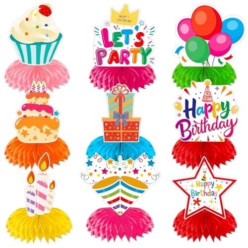 Tischdeko Geburtstag 9-teilige 3D Waben Tischaufsätze Happy Birthday Deko aus robustem Karton Wiederverwendbare Geburtstagsdeko für Party und Festlichkeiten