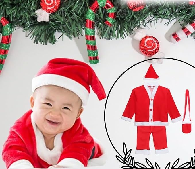 Image of PoPo Toys Santa Claus Costume for Christmas Children 1-3 Years| Red Santa Suit with Fur Trim, Belt, Hat & Beard | Xmas Party & Fancy Dress Outfit Size 0
