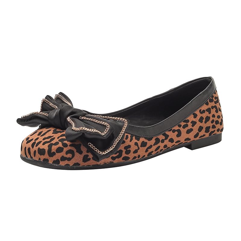 Women's Bow Flat Shoes for Dressy, Closed Square Toe Low Heel Ballet Flats, Comfortable Slip On Walking Shoes Brown